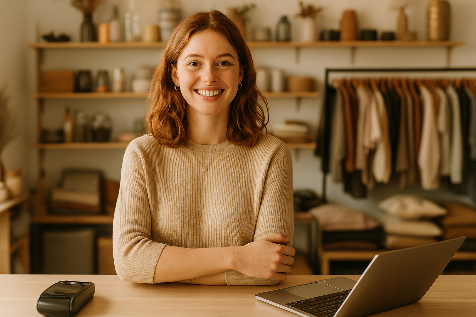 Commerçante de centre-ville derrière son comptoir